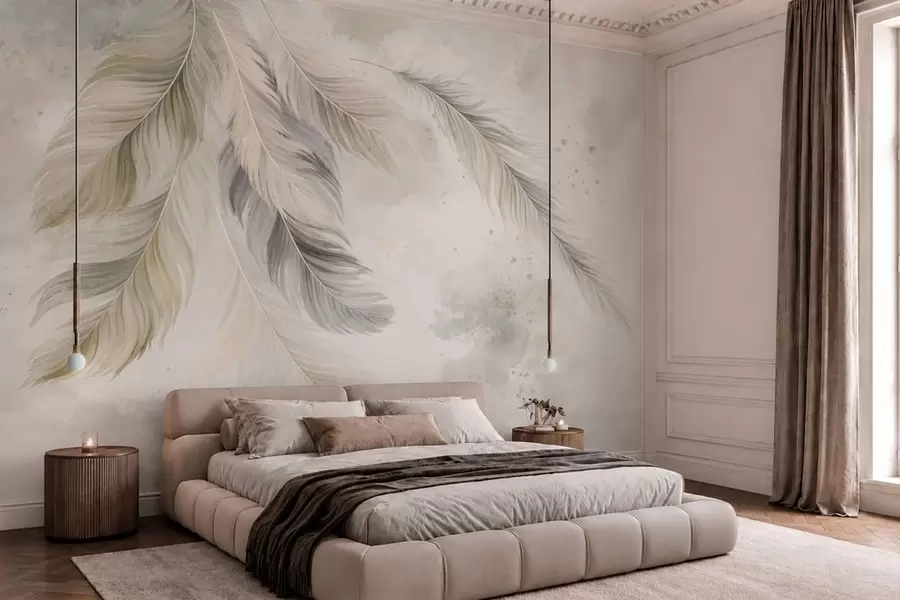 peintures murales Des plumes de couleur claire sur un fond aquarelle aux tons doux w05737v1