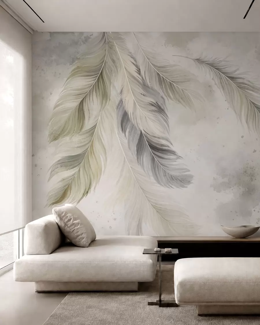 murales Plumas de colores claros sobre un fondo suave de acuarela w05737v1