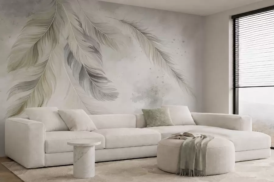 wall murals Light-colored feathers on a soft watercolor background w05737v1