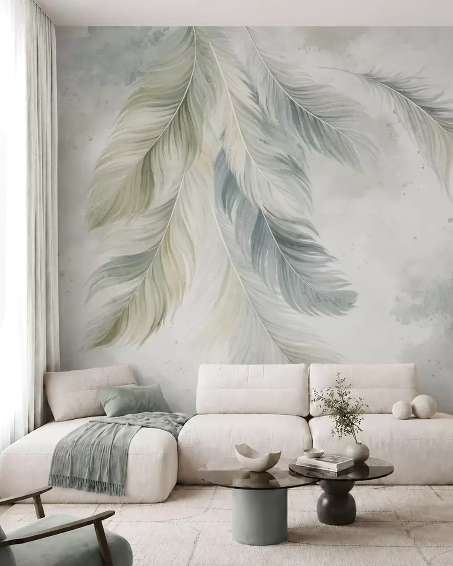 peintures murales Des plumes aux couleurs claires sur un fond délicat à l'aquarelle w05737v2