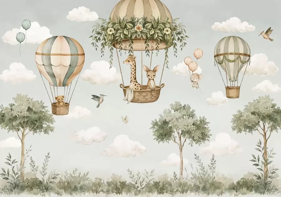 Wall Mural Photo Wallpaper Hot air balloons with a giraffe, a kangaroo, a bear, and other animals among clouds and trees w05738
