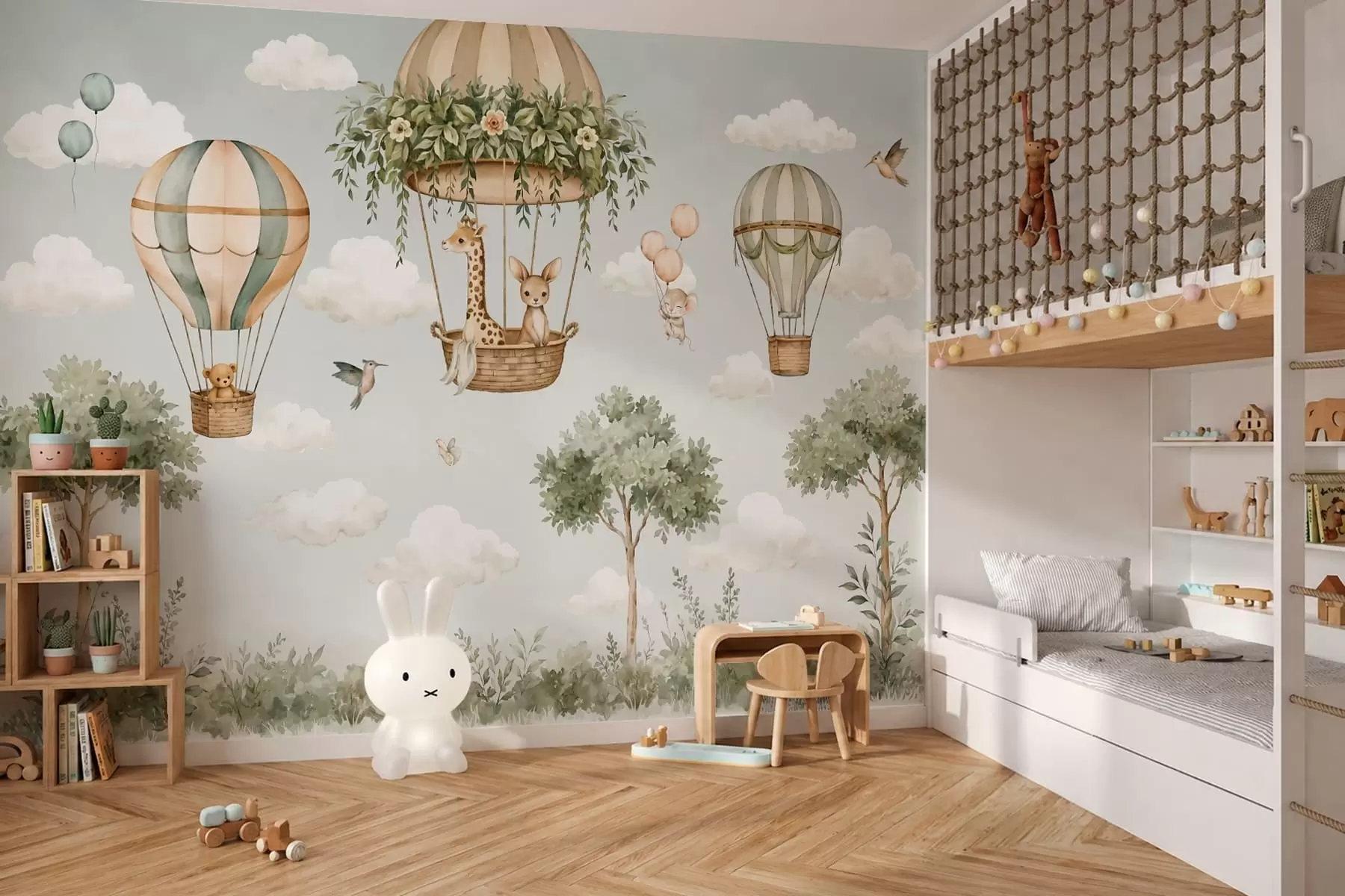Wall Mural Photo Wallpaper Hot air balloons with a giraffe, a kangaroo, a bear, and other animals among clouds and trees w05738