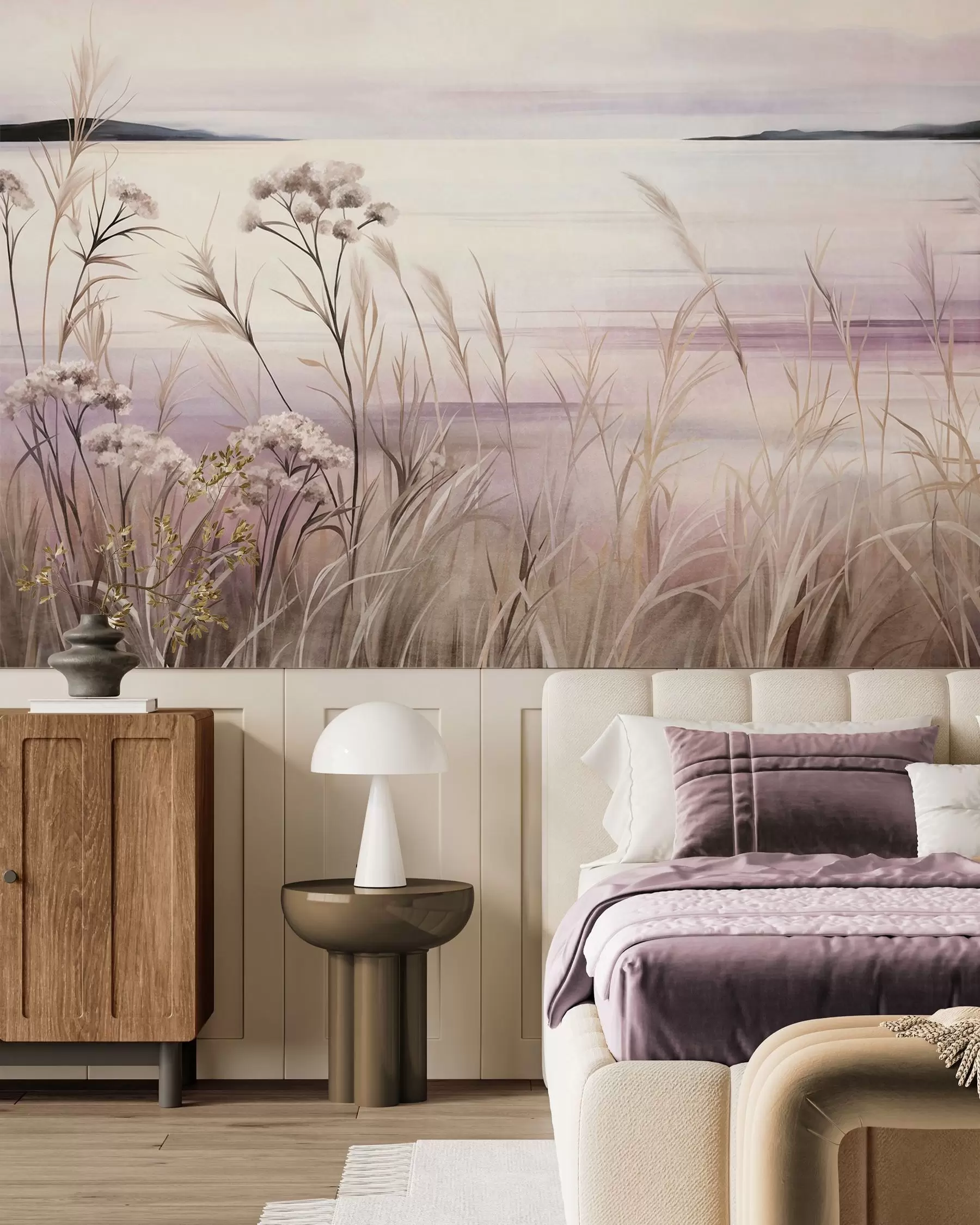 peintures murales Paysage composé de fleurs séchées et de hautes herbes près de la rivière, sous un ciel aux teintes douces et pastel w09939