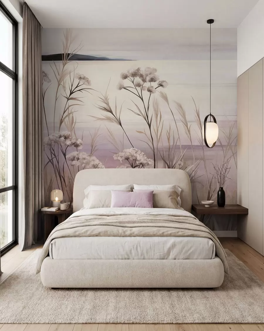 murales Paisaje con flores secas y hierba alta cerca del río, y un cielo suave en tonos pastel w09939
