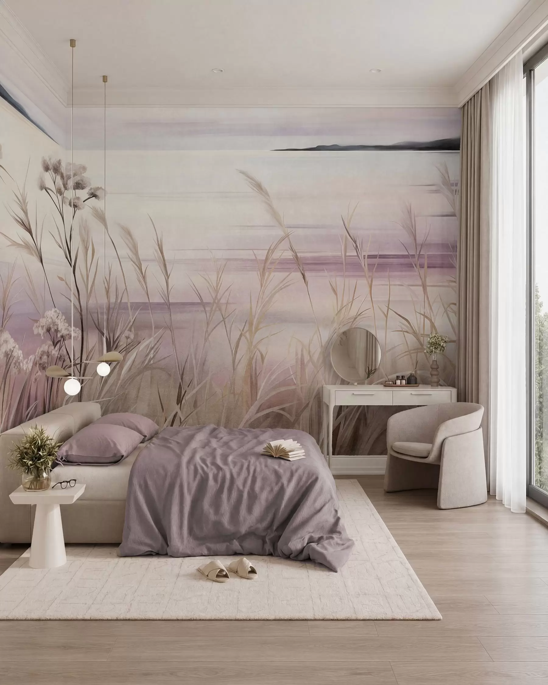 Wall Mural Photo Wallpaper Landscape textured dried flowers and tall grass near the river, soft, pastel sky w09939