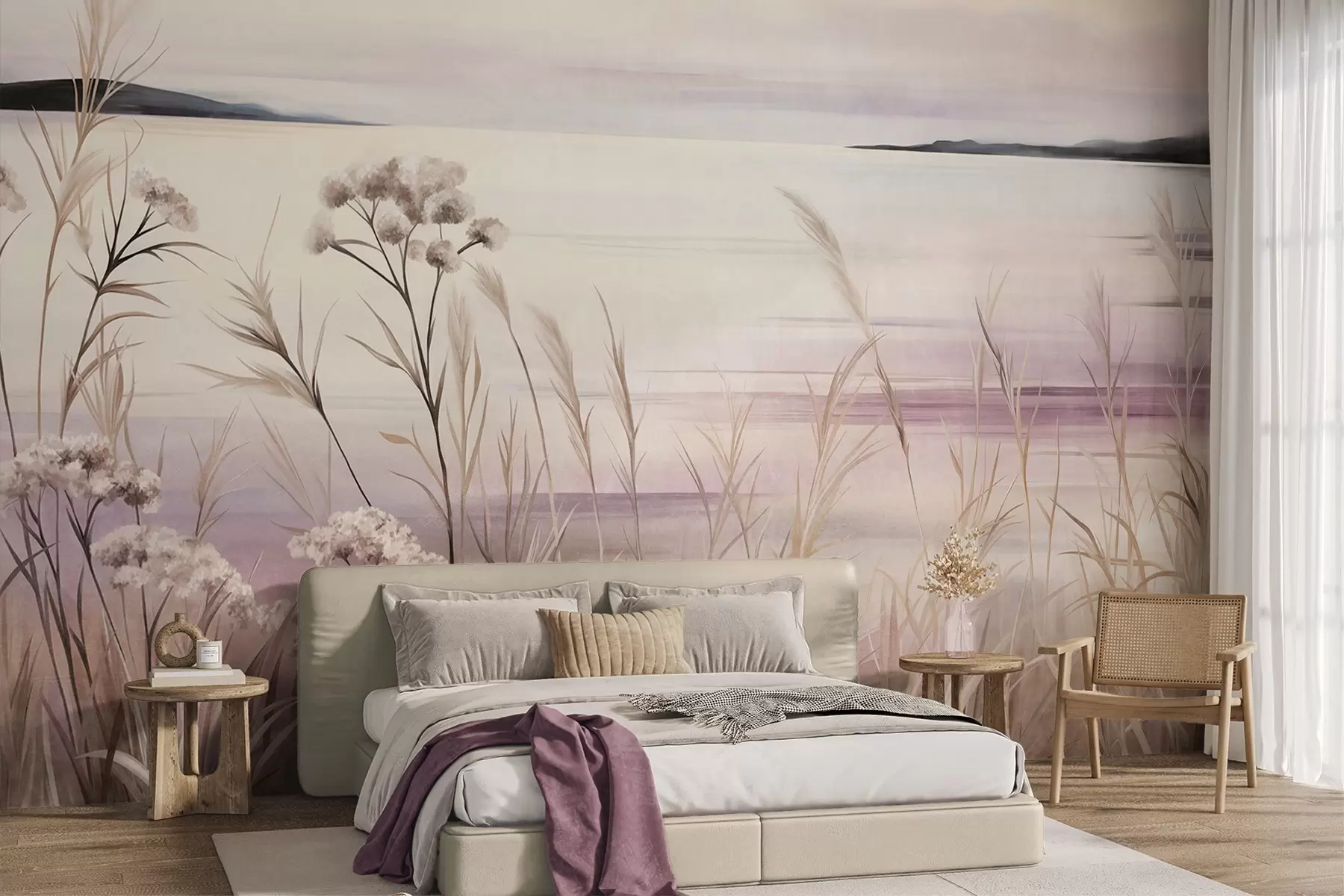 Wall Mural Photo Wallpaper Landscape textured dried flowers and tall grass near the river, soft, pastel sky w09939