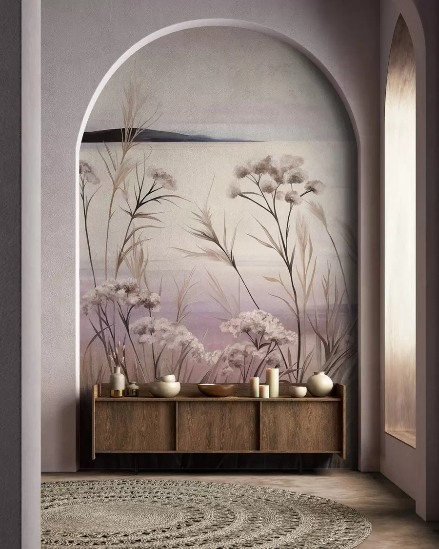 murales Paisaje con flores secas y hierba alta cerca del río, y un cielo suave en tonos pastel w09939