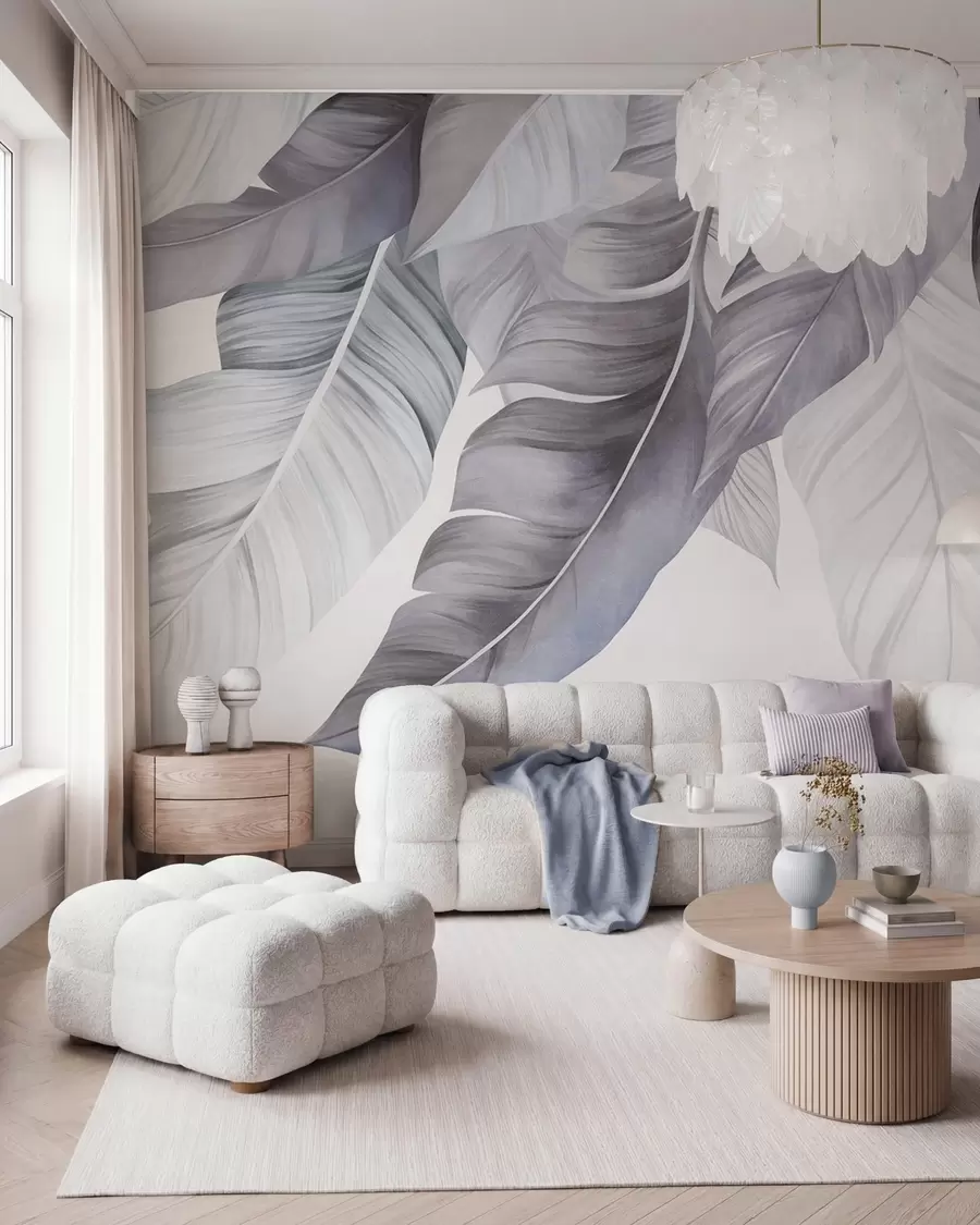 wall murals Large, pale blue banana leaves with detailed veins, textured art, light background w09941v1