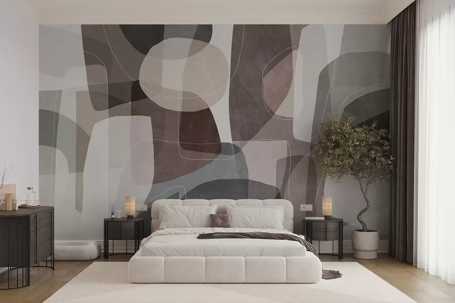 Wall Mural Photo Wallpaper Abstract shapes in muted earth tones with thin white lines, overlapping textures w09942
