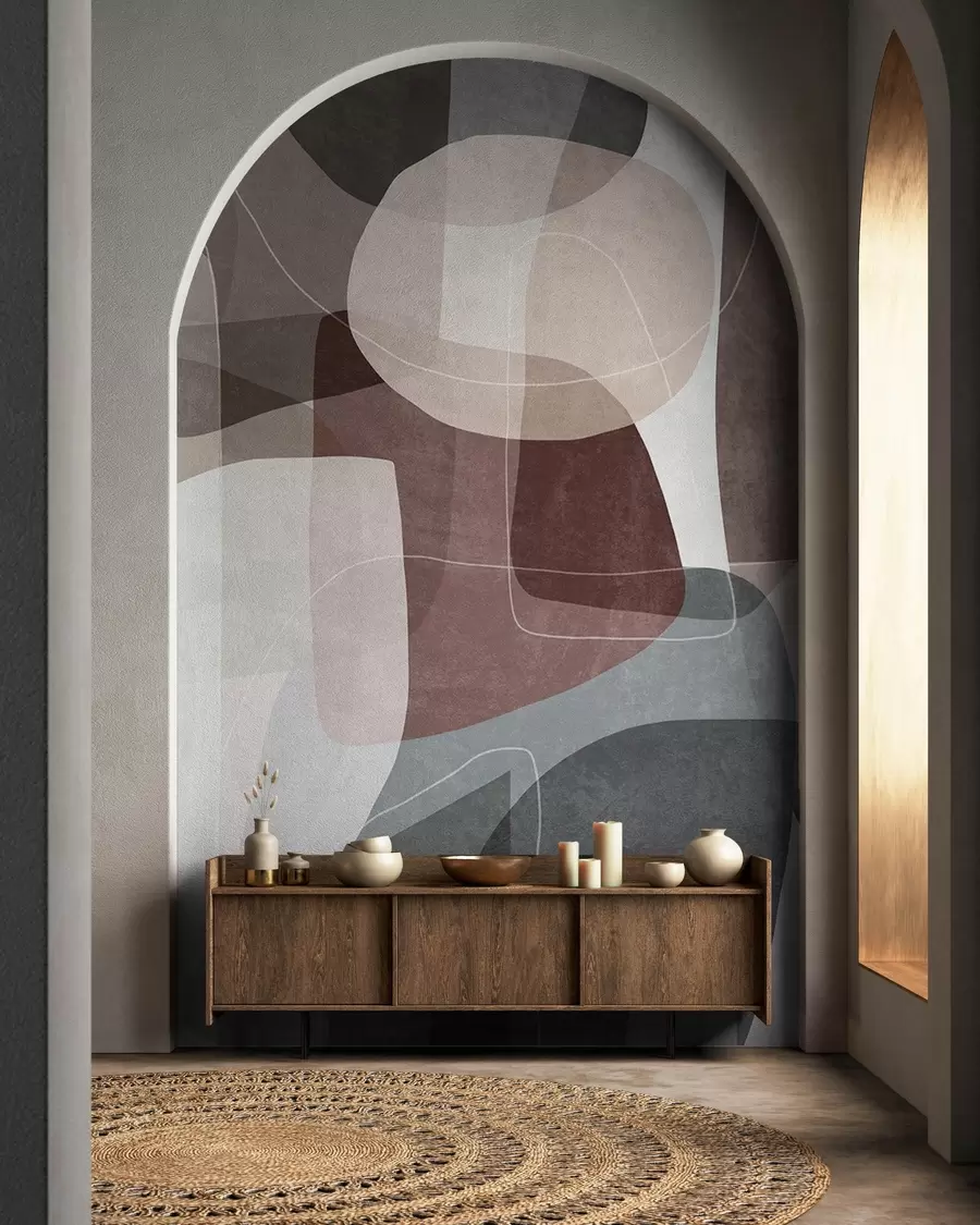 murales Formas abstractas en tonos tierra apagados con finas líneas blancas y texturas superpuestas w09942