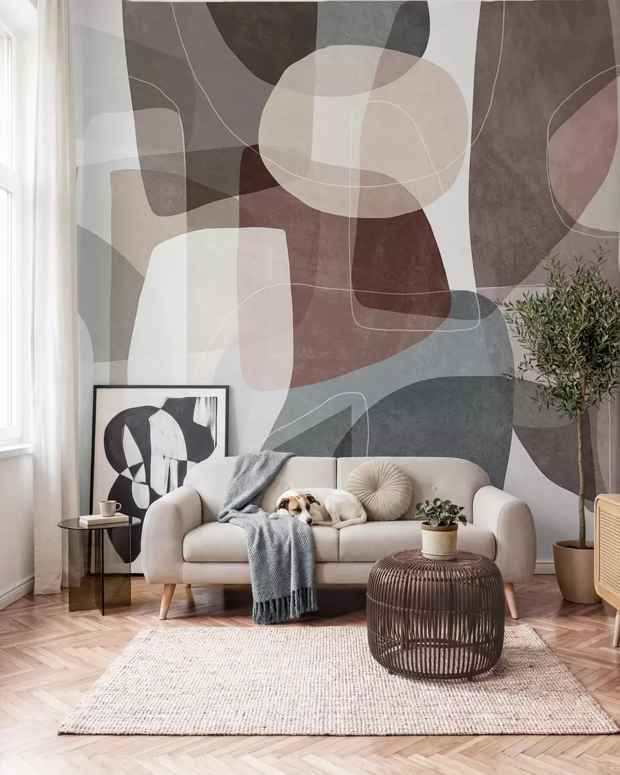 murales Formas abstractas en tonos tierra apagados con finas líneas blancas y texturas superpuestas w09942