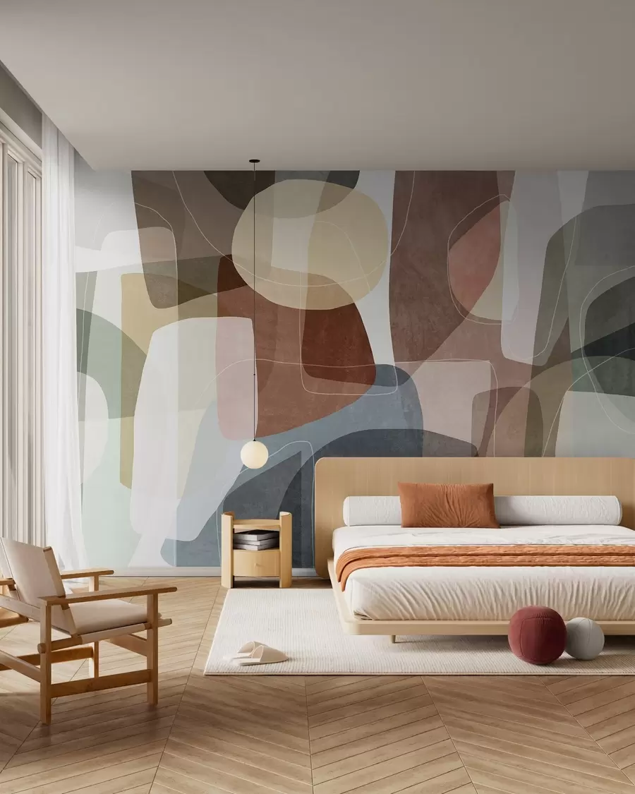 Wall Mural Photo Wallpaper Abstract shapes in muted earth tones with thin white lines, overlapping textures w09942v1