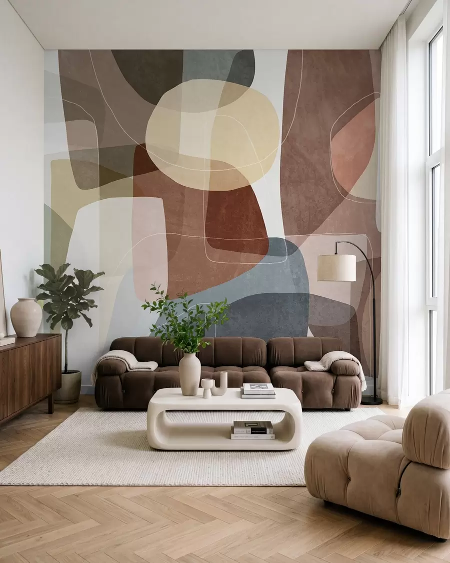 Wall Mural Photo Wallpaper Abstract shapes in muted earth tones with thin white lines, overlapping textures w09942v1