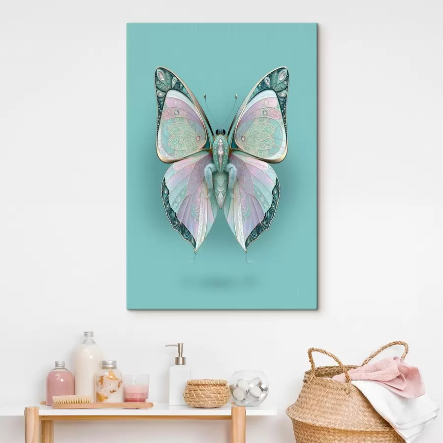 murales Una mariposa al estilo de las joyas de lujo sobre un fondo turquesa s49864
