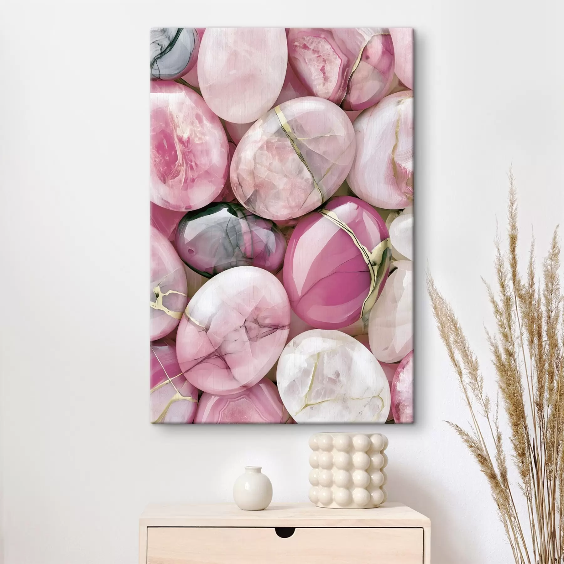 wall murals An elegant flat lay composition of polished gemstones in various shades of blush pink s49872
