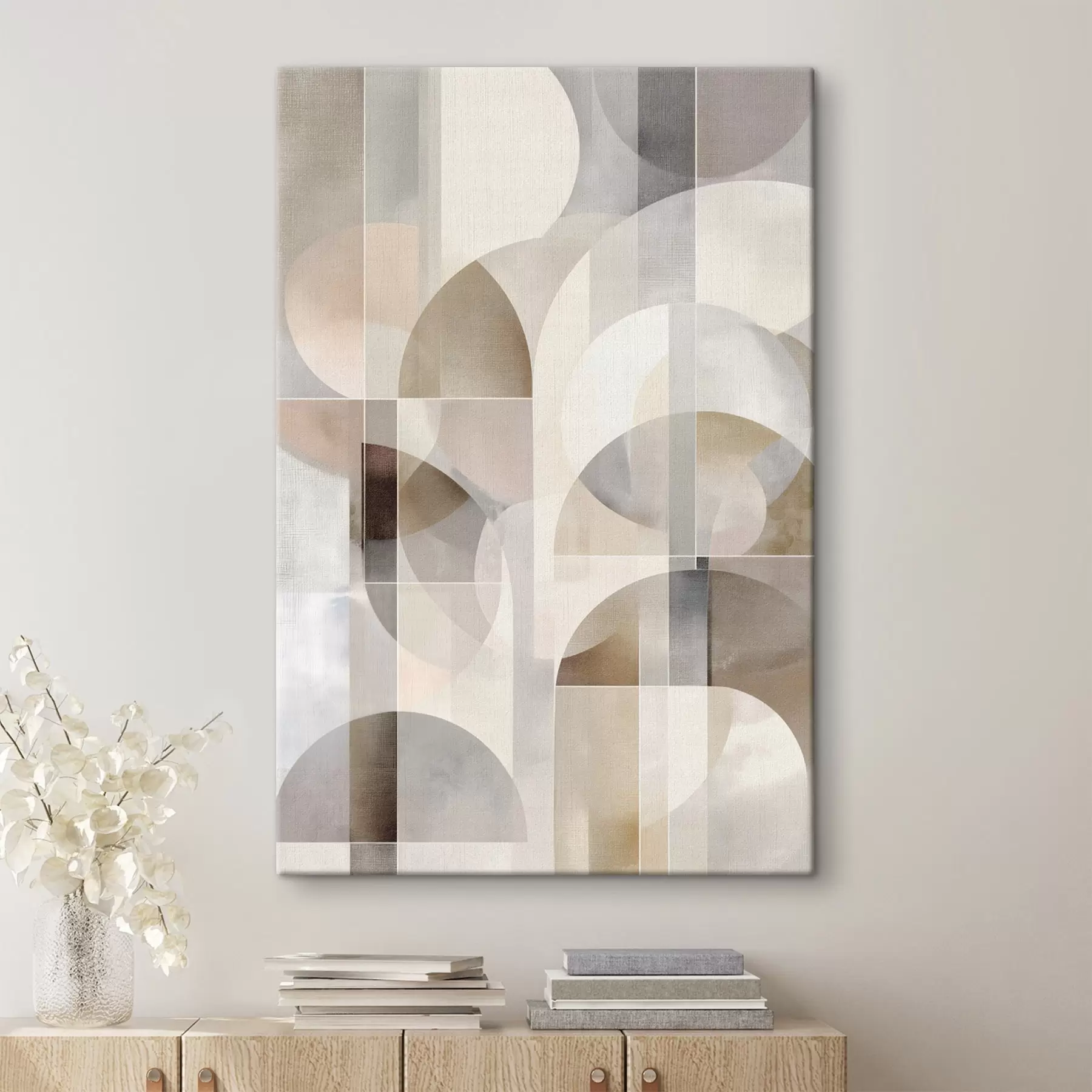murales Una composición minimalista, geométrica y abstracta, caracterizada por una paleta de tonos suaves de beige, crema, marrón grisáceo y beige grisáceo s49877