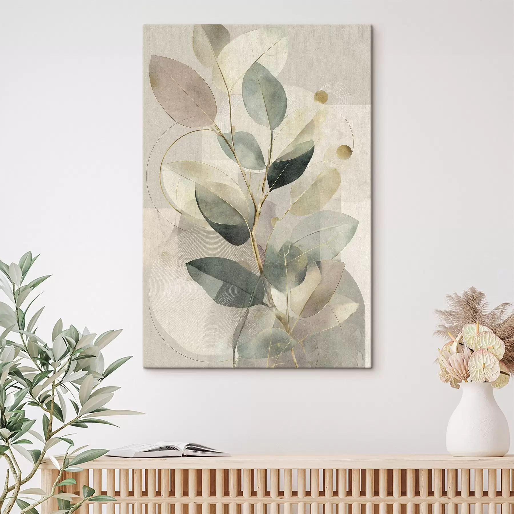 murales Obra de arte abstracta botánica minimalista: una elegante rama de olivo con delicadas hojas de color verde salvia y beige cálido s49878