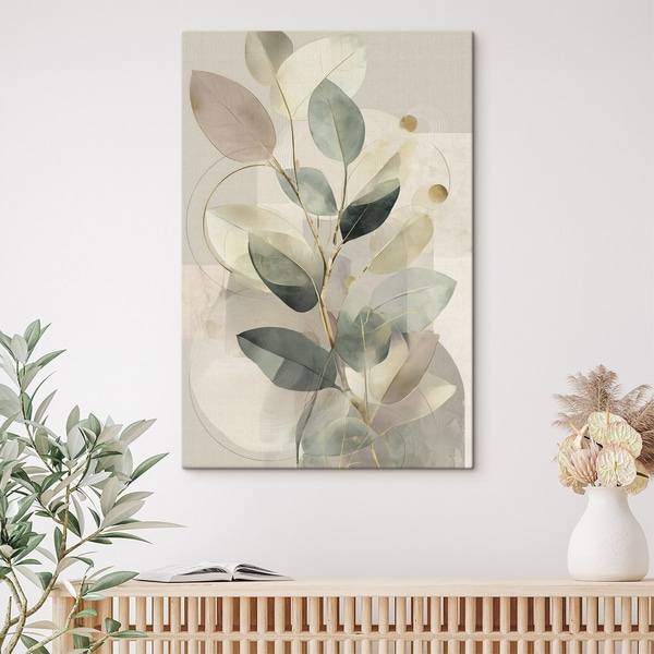 Obra de arte abstracta botánica minimalista: una elegante rama de olivo con delicadas hojas de color verde salvia y beige cálido