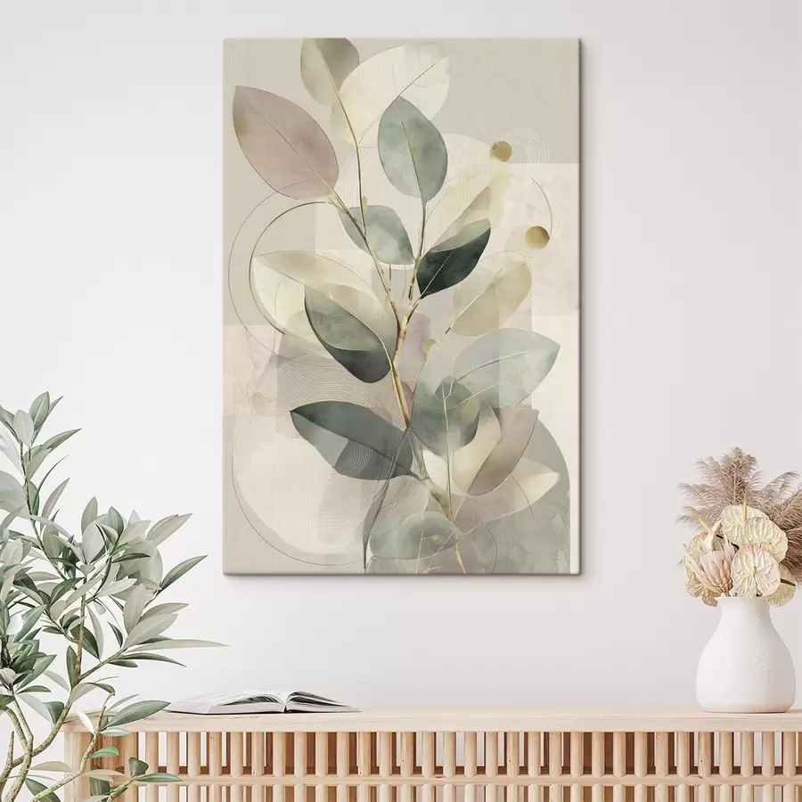 murales Obra de arte abstracta botánica minimalista: una elegante rama de olivo con delicadas hojas de color verde salvia y beige cálido s49878