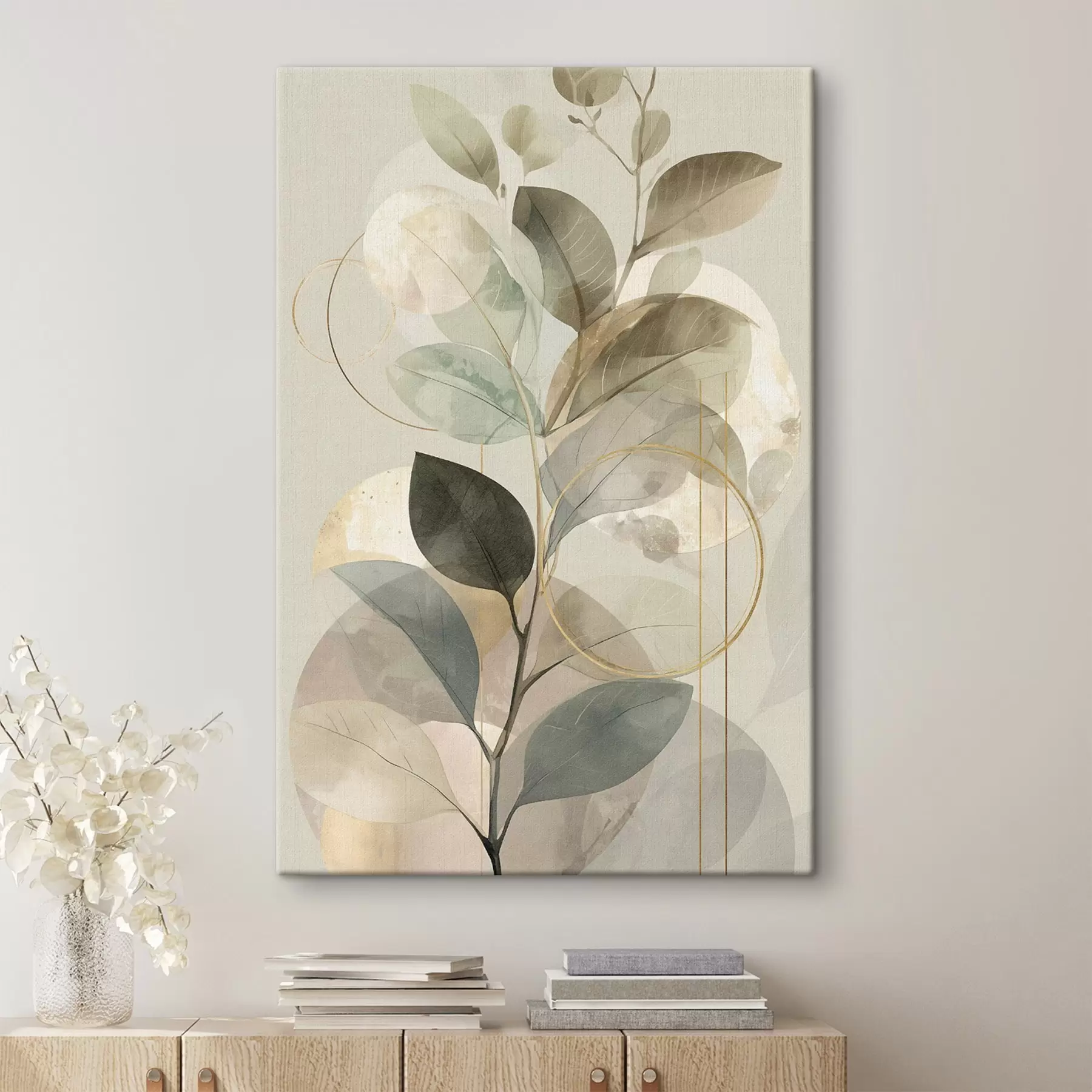 murales Obra de arte abstracta botánica minimalista: una elegante rama de olivo con delicadas hojas de color verde salvia y beige cálido s49879