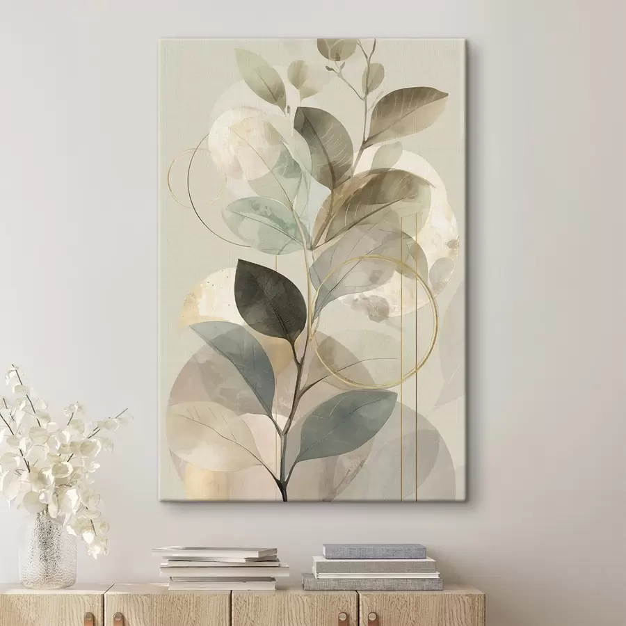 murales Obra de arte abstracta botánica minimalista: una elegante rama de olivo con delicadas hojas de color verde salvia y beige cálido s49879