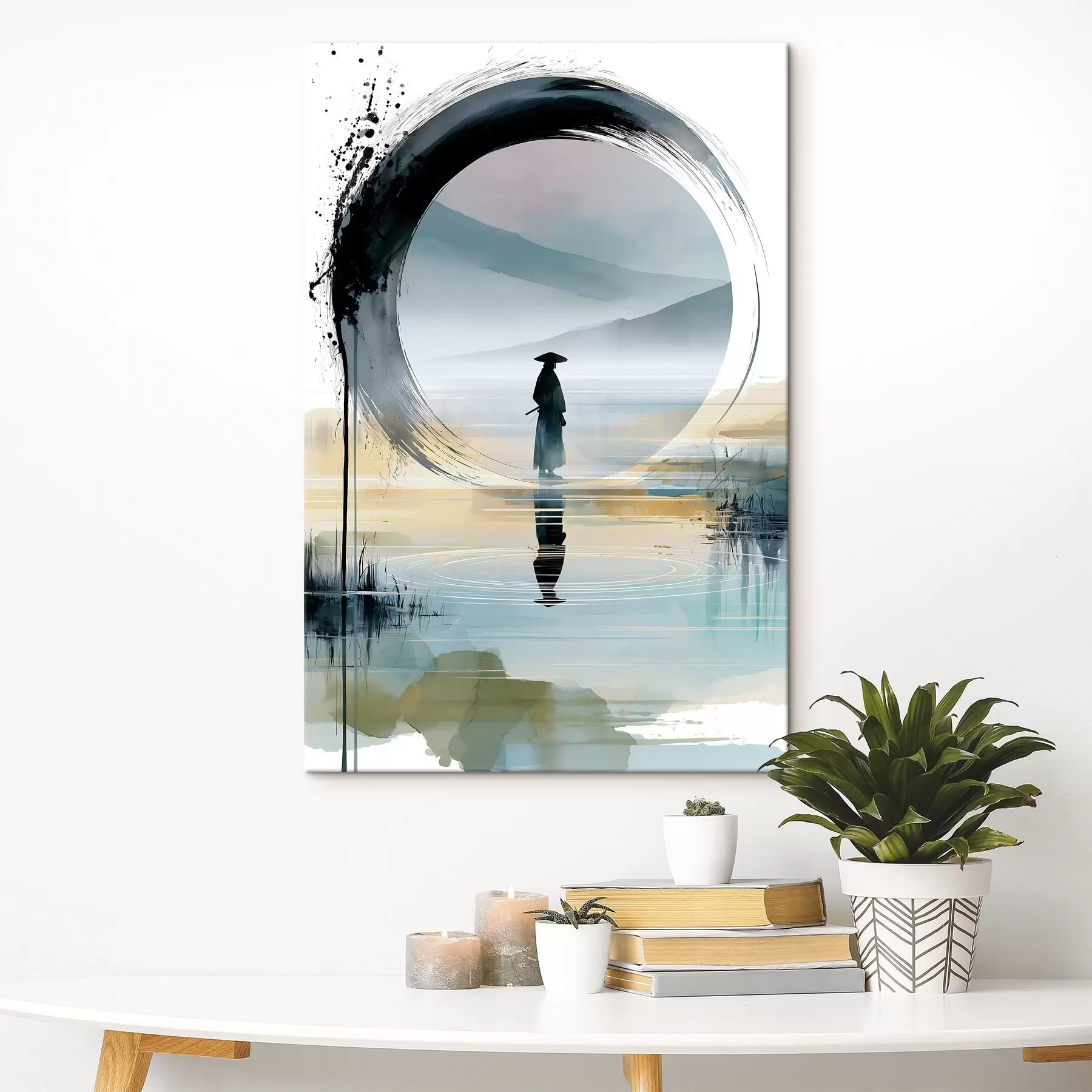 wall murals A contemporary Zen illustration featuring a samurai, an enso circle, a watercolour landscape and a mirror reflection s49880