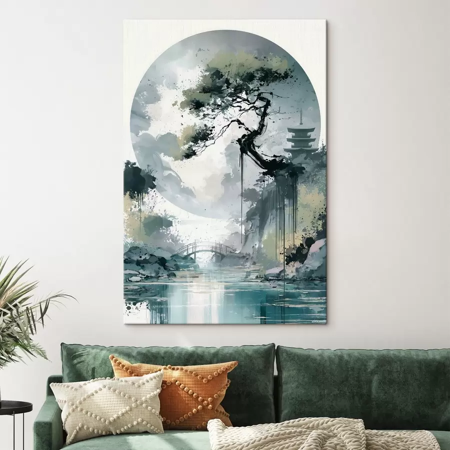 murales Un paisaje japonés al estilo sumi-e en el que se aprecian un pino esbelto, un puente y una pagoda, con unas aguas tranquilas como telón de fondo s49881