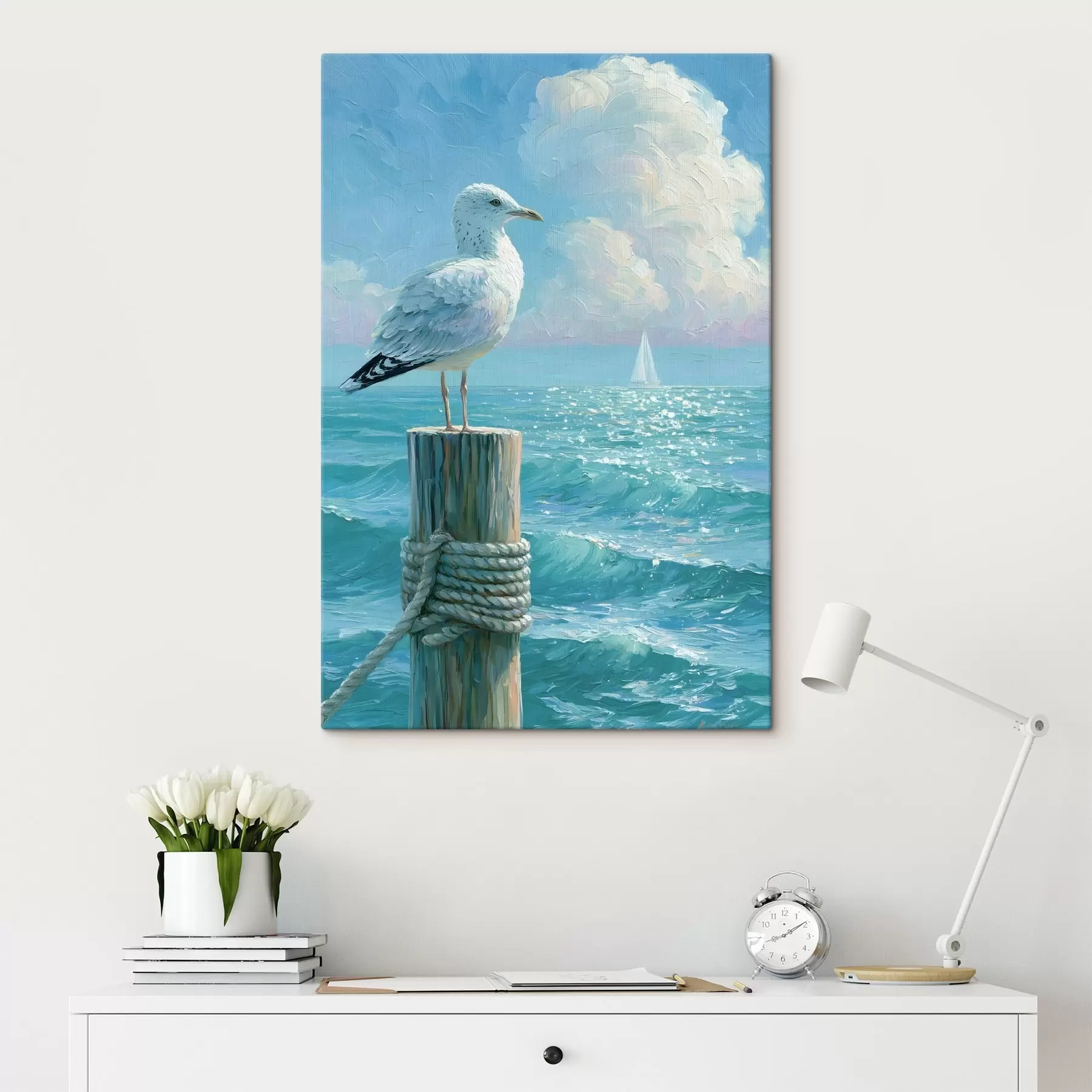 wall murals A majestic seagull perched on a weathered wooden jetty post, painted in an impasto style s49882
