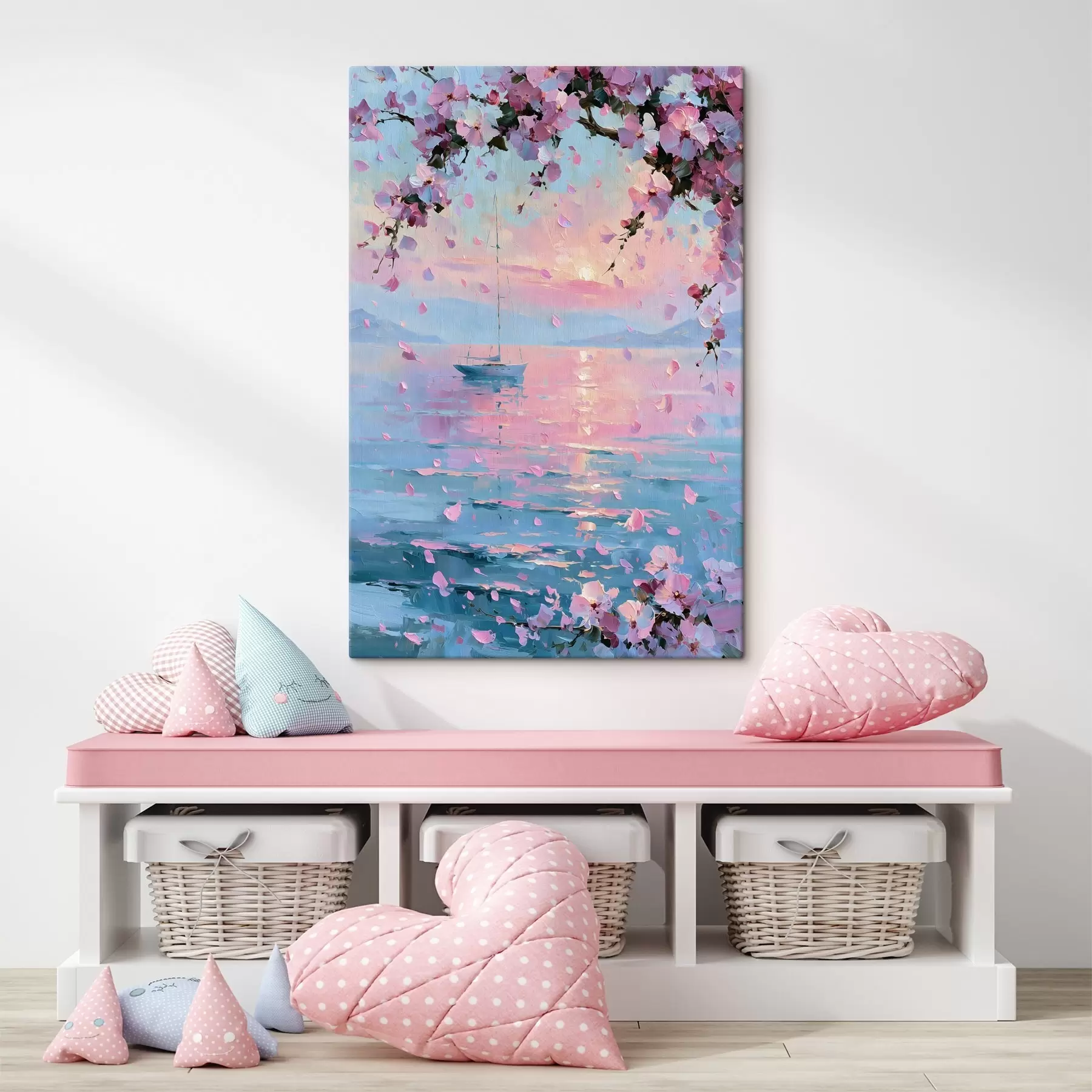 wall murals An elegant white yacht at sea at sunset beneath the blossoming branches of a pink sakura tree, in the style of an oil painting s49883