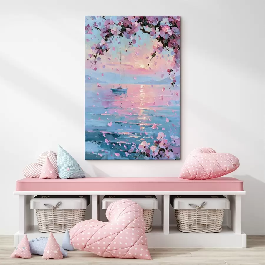 murales Un elegante yate blanco en el mar al atardecer, bajo las ramas en flor de un cerezo rosa, al estilo de un cuadro al óleo s49883
