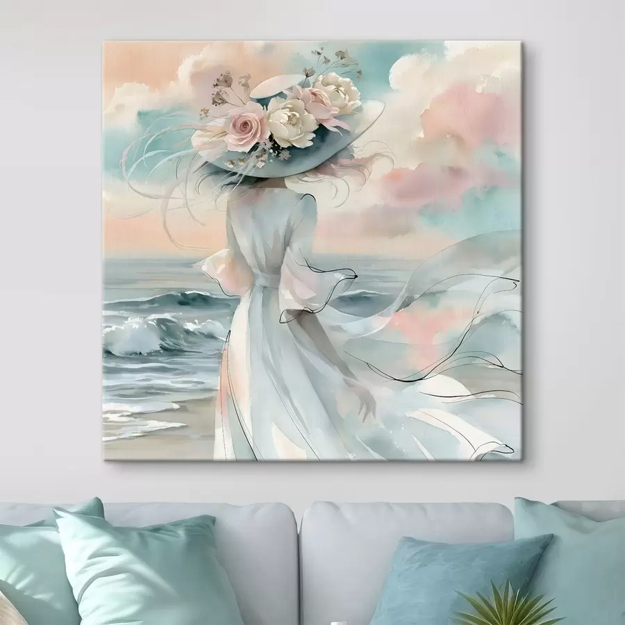 murales Una chica romántica con un sombrero de flores a orillas del mar, en estilo acuarela s49890