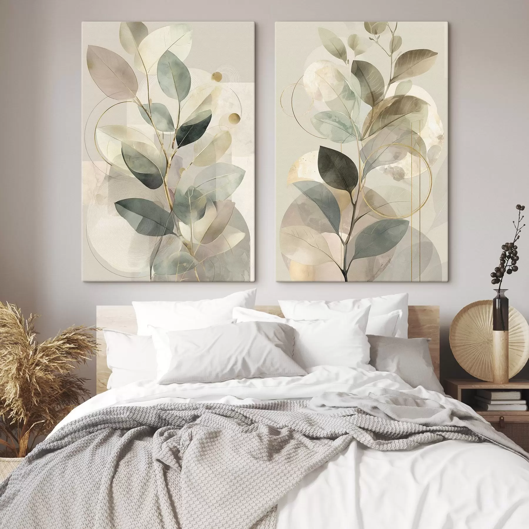wall murals Minimalist botanical abstract artwork, elegant olive branch with delicate sage green and warm beige leaves m30726