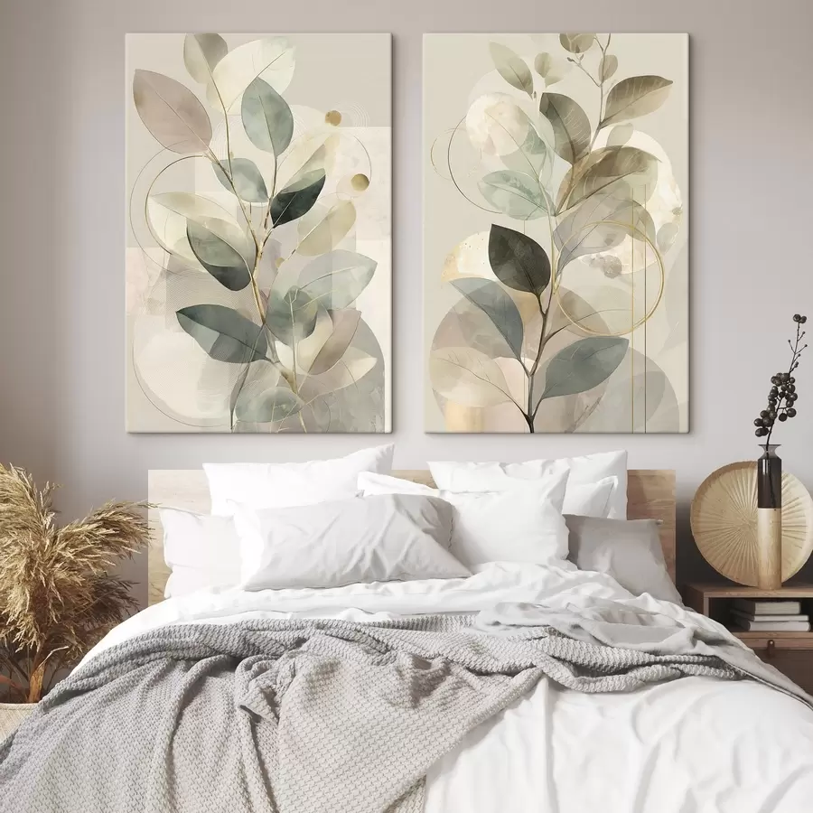 murales Obra de arte abstracta botánica minimalista: una elegante rama de olivo con delicadas hojas de color verde salvia y beige cálido m30726