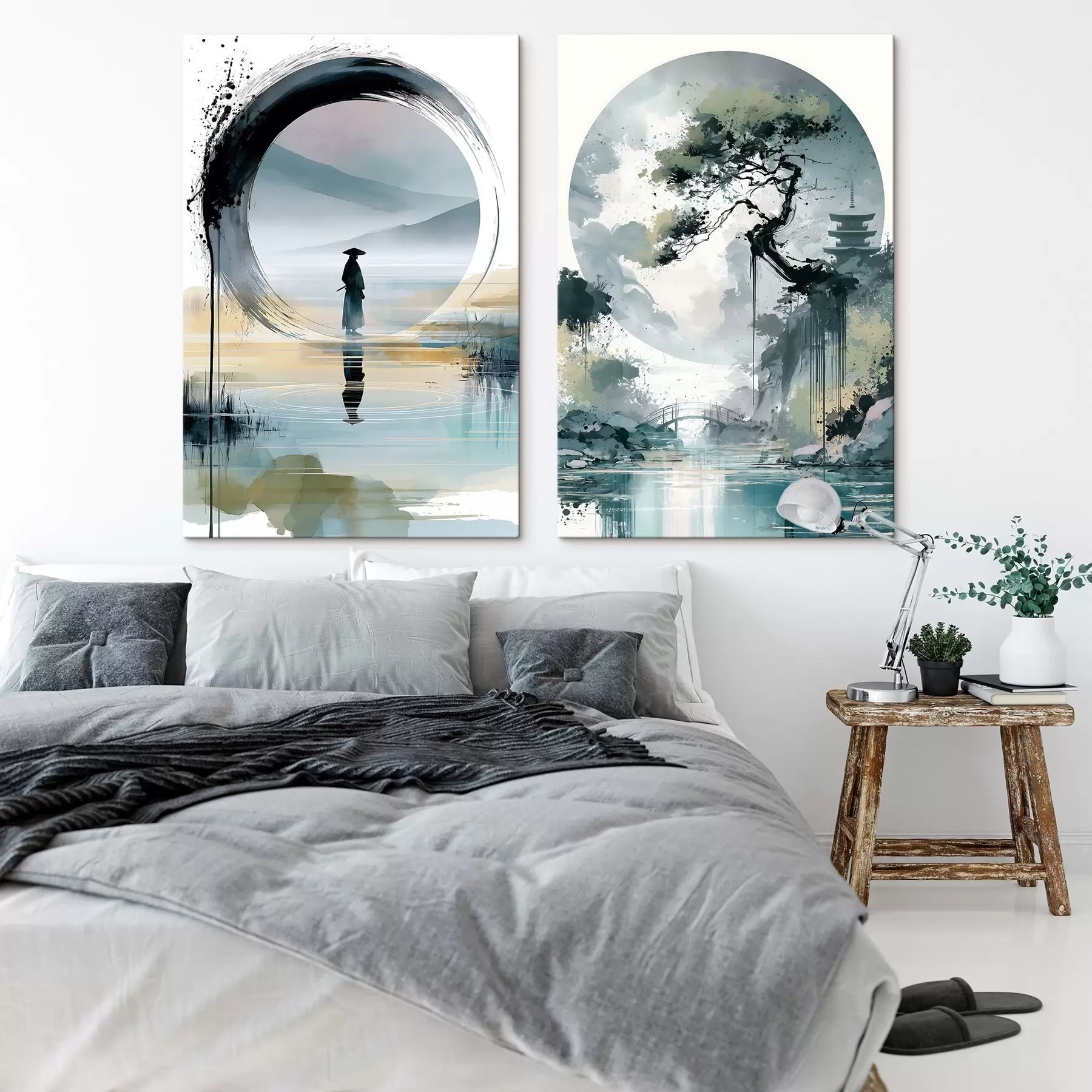 murales Un paisaje japonés al estilo sumi-e en el que aparecen un pino esbelto, un puente y una pagoda frente a unas aguas tranquilas; un samurái, un círculo enso y un paisaje en acuarela. m30727