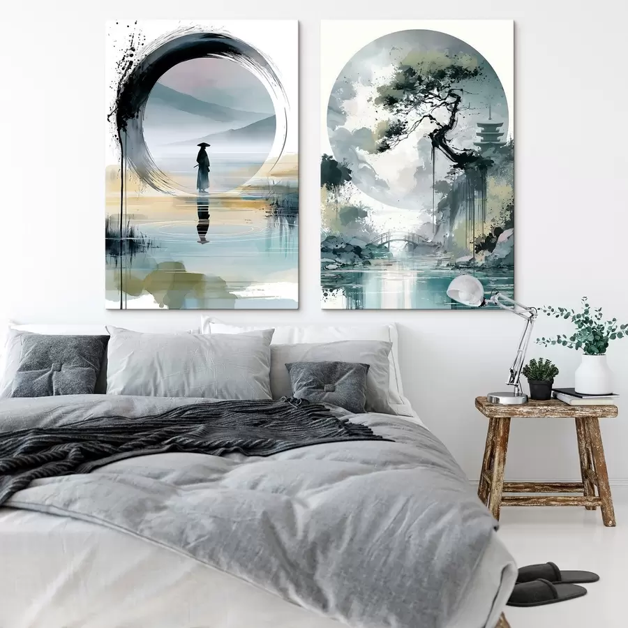 murales Un paisaje japonés al estilo sumi-e en el que aparecen un pino esbelto, un puente y una pagoda frente a unas aguas tranquilas; un samurái, un círculo enso y un paisaje en acuarela. m30727