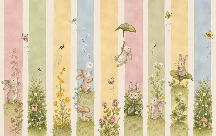 Wall Mural Photo Wallpaper Pastel stripes with rabbits, flowers, butterflies and bees w05730