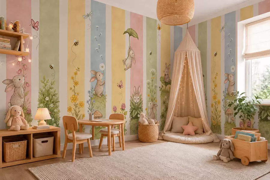 Wall Mural Photo Wallpaper Pastel stripes with rabbits, flowers, butterflies and bees w05730