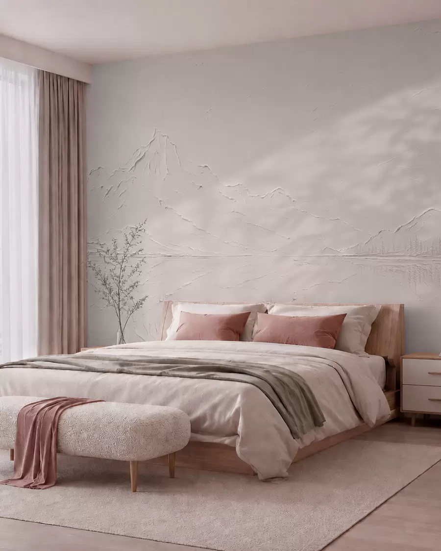 murales Un paisaje montañoso de color rosa claro y con textura, con un lago que parece un espejo w05739v1
