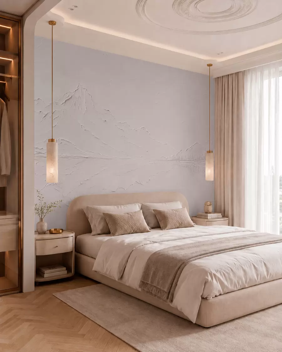 wall murals A light pink, textured mountain landscape with a mirror-like lake w05739v1
