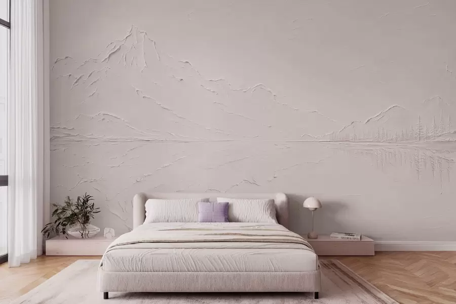 wall murals A light pink, textured mountain landscape with a mirror-like lake w05739v1