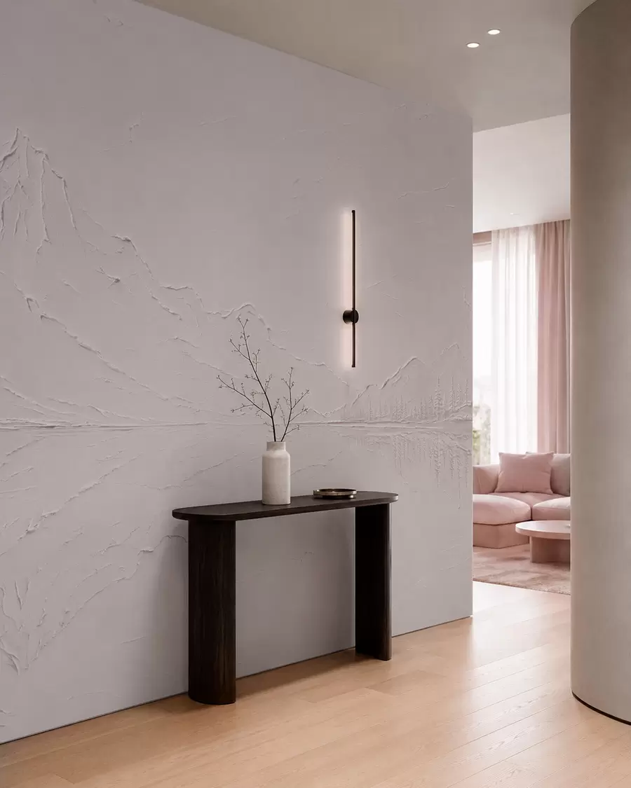 wall murals A light pink, textured mountain landscape with a mirror-like lake w05739v1