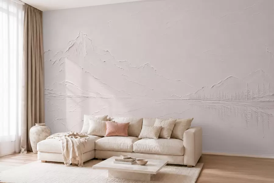 peintures murales Un paysage de montagne aux teintes rose pâle et à la texture variée, avec un lac aux reflets miroitants w05739v1