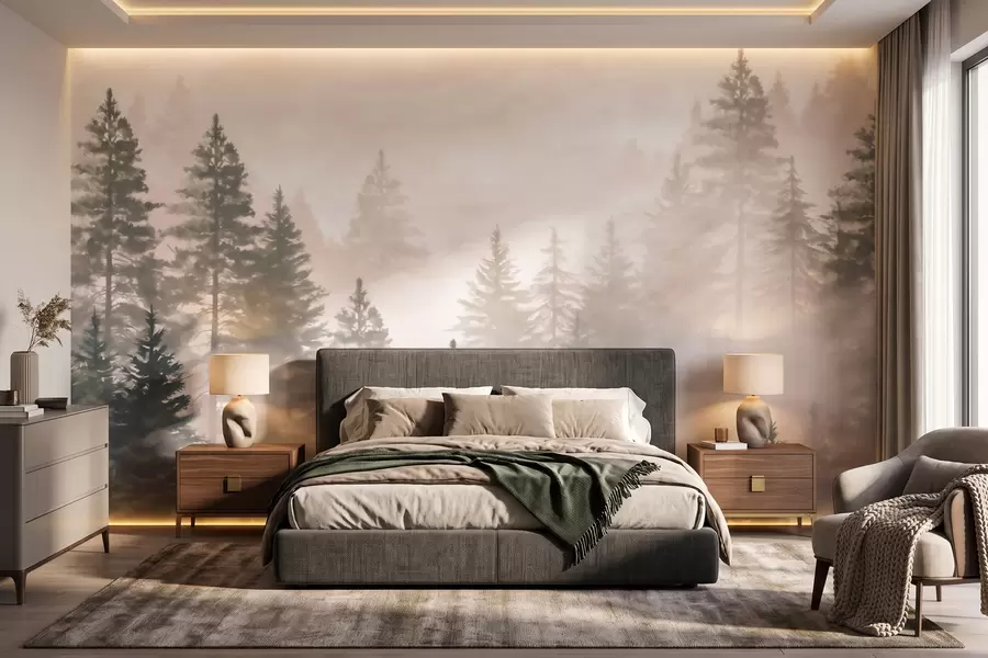 Wall Mural Photo Wallpaper Misty coniferous forest in dark green tones in watercolor style w09929