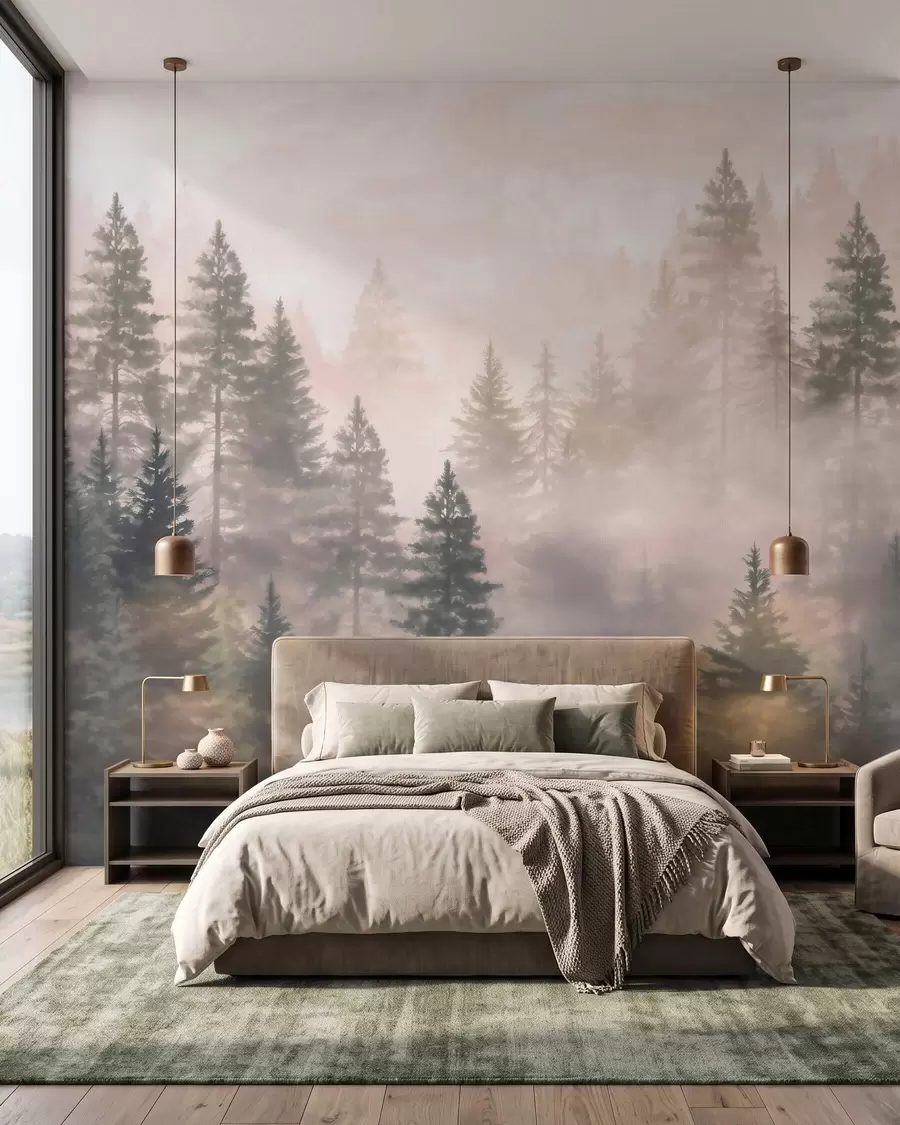 murales Bosque de coníferas envuelto en niebla, en tonos verde oscuro, al estilo de la acuarela w09929