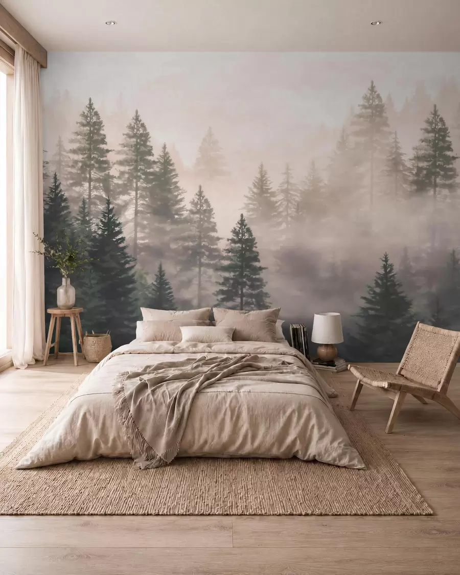 Wall Mural Photo Wallpaper Misty coniferous forest in dark green tones in watercolor style w09929