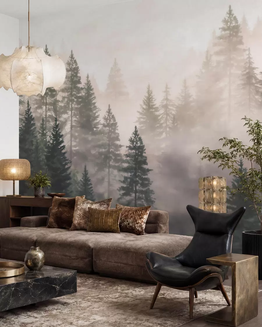 murales Bosque de coníferas envuelto en niebla, en tonos verde oscuro, al estilo de la acuarela w09929