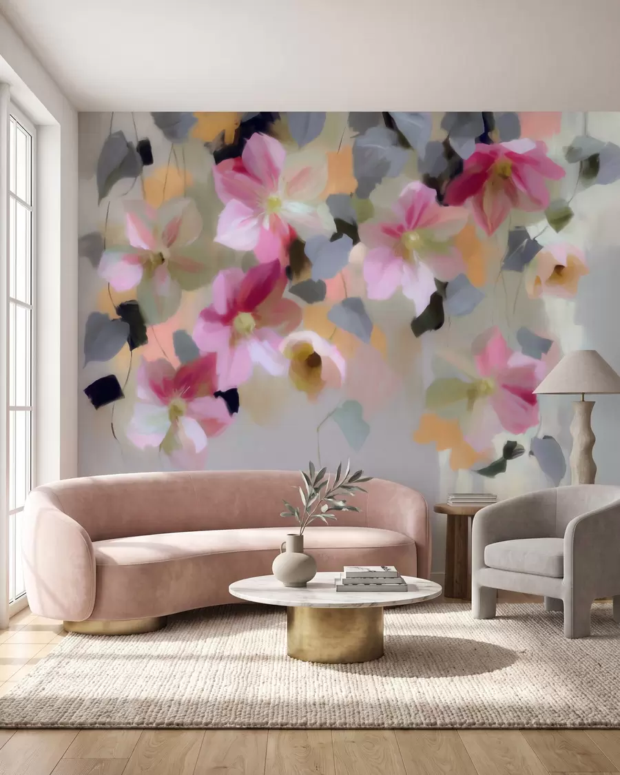 murales Composición luminosa y aireada con flores colgantes en estilo acuarela w09931