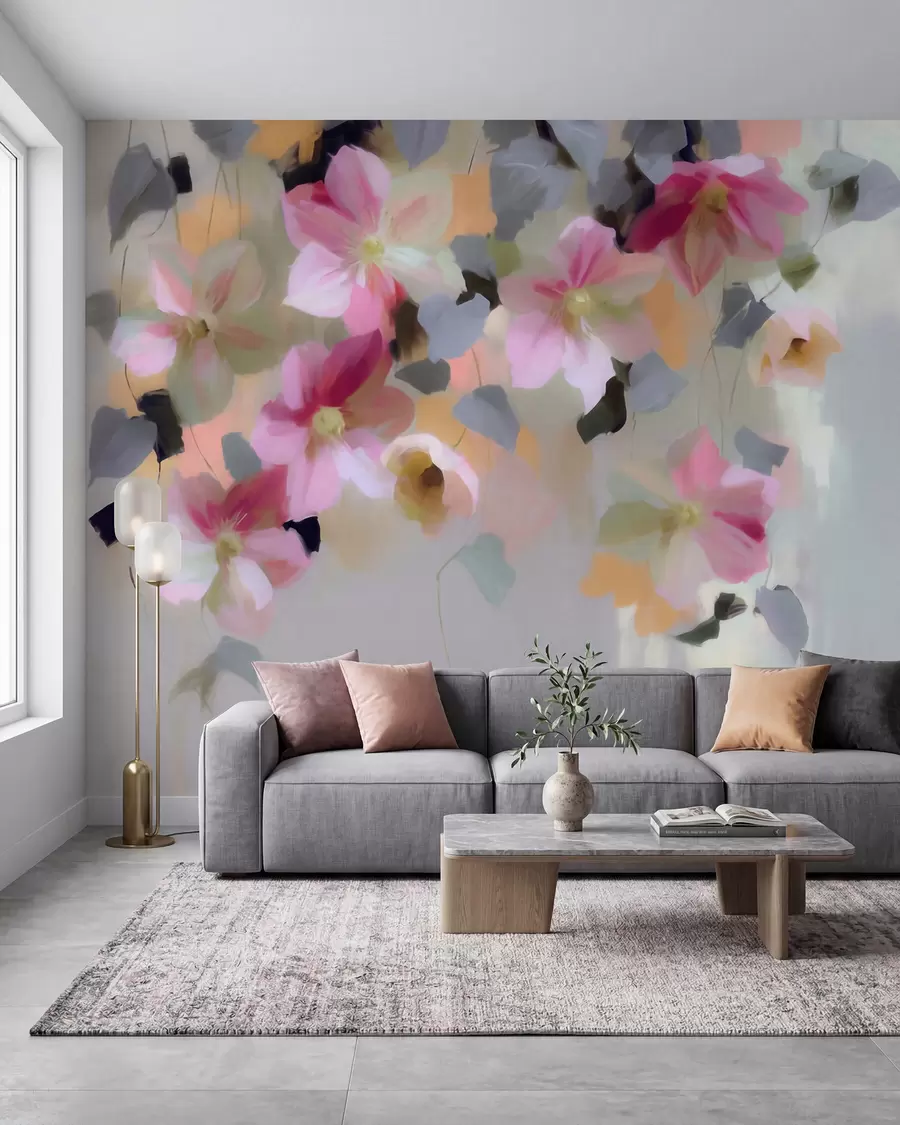 peintures murales Composition lumineuse et aérienne représentant des fleurs suspendues, dans un style aquarelle w09931