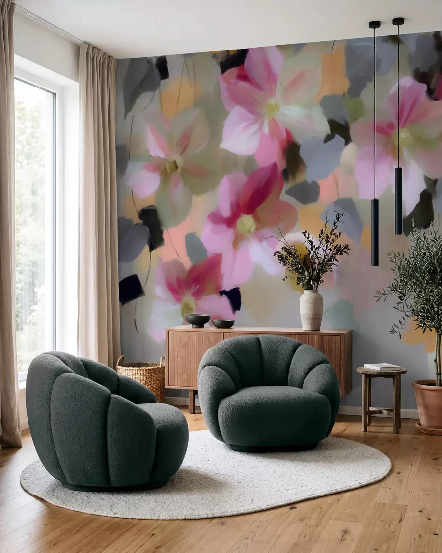 murales Composición luminosa y aireada con flores colgantes en estilo acuarela w09931