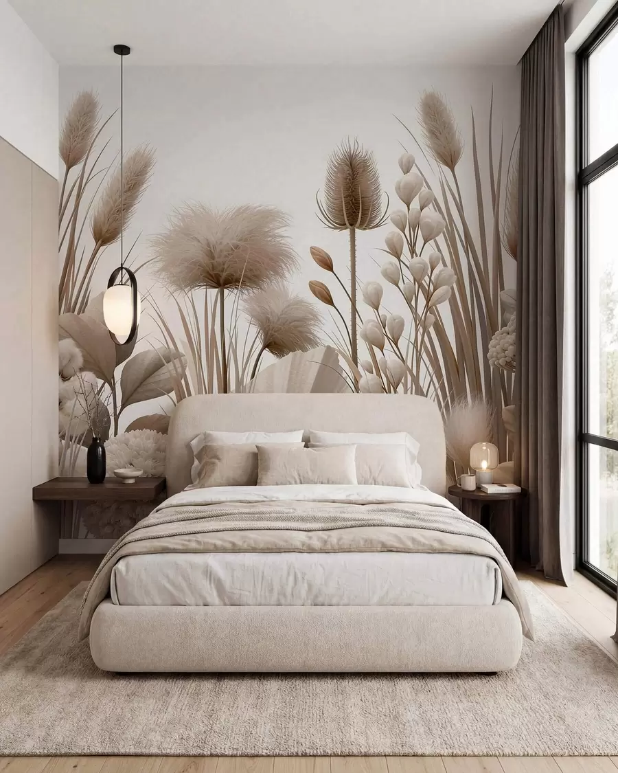 murales Flores secas altas de color beige en tonos neutros w09932